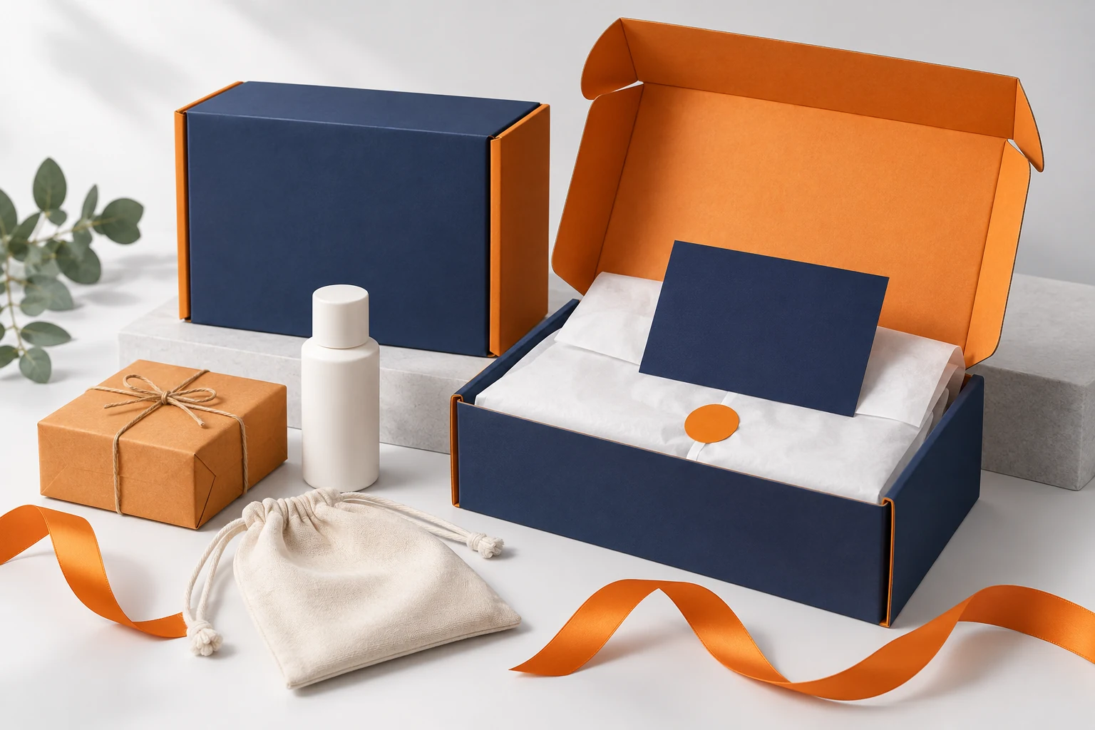 Concept arrangement of mailer boxes, tissue paper, an insert and product packaging